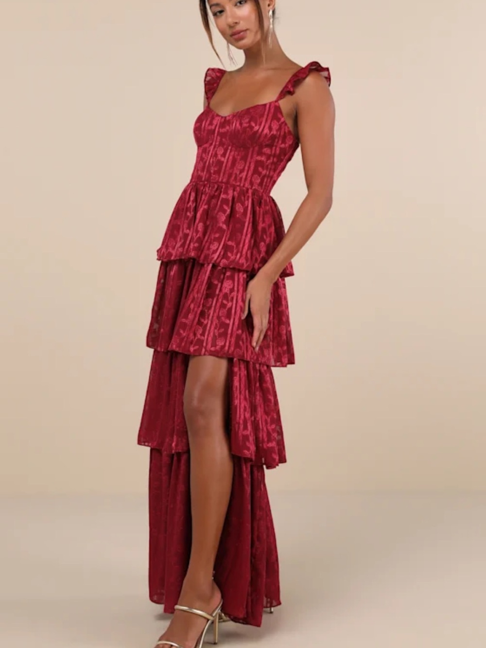 Lulu's Burgundy Tiered High-Low Ruffle Maxi Dress